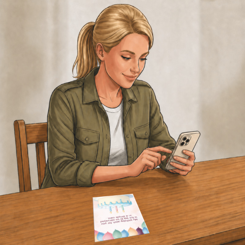 Woman uploading a video for a Perfect Sentiment card using her phone.